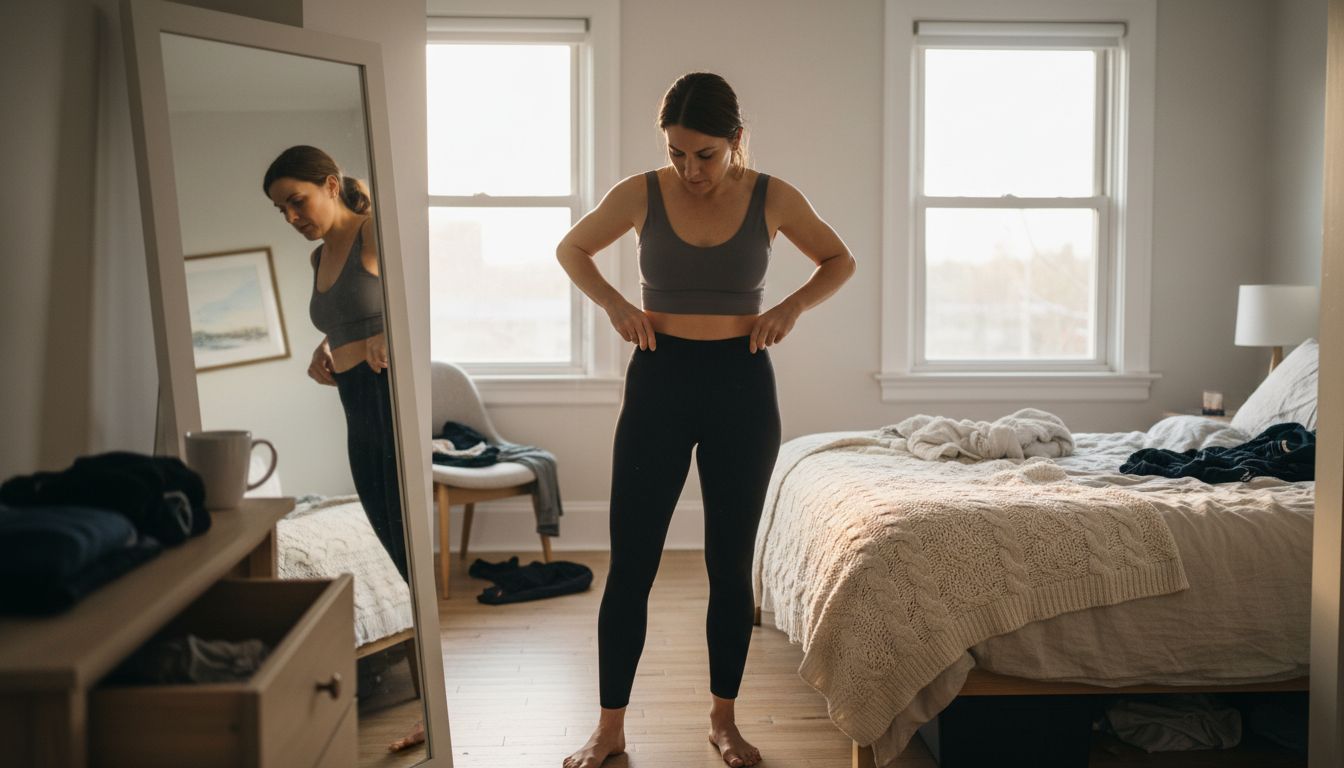 Woman trying on shaping leggings in bedroom