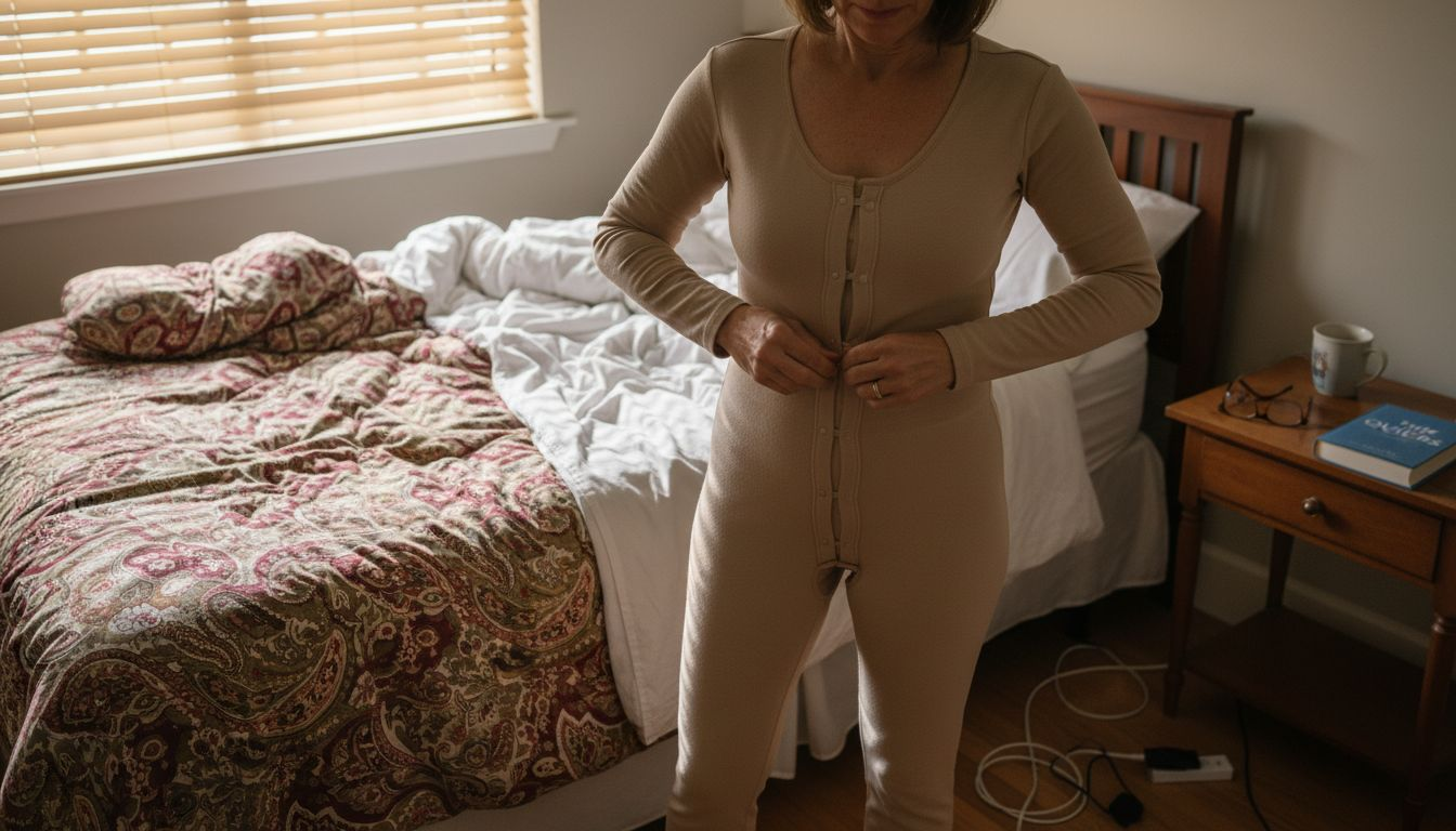 Woman adjusts adaptive shapewear in cozy bedroom