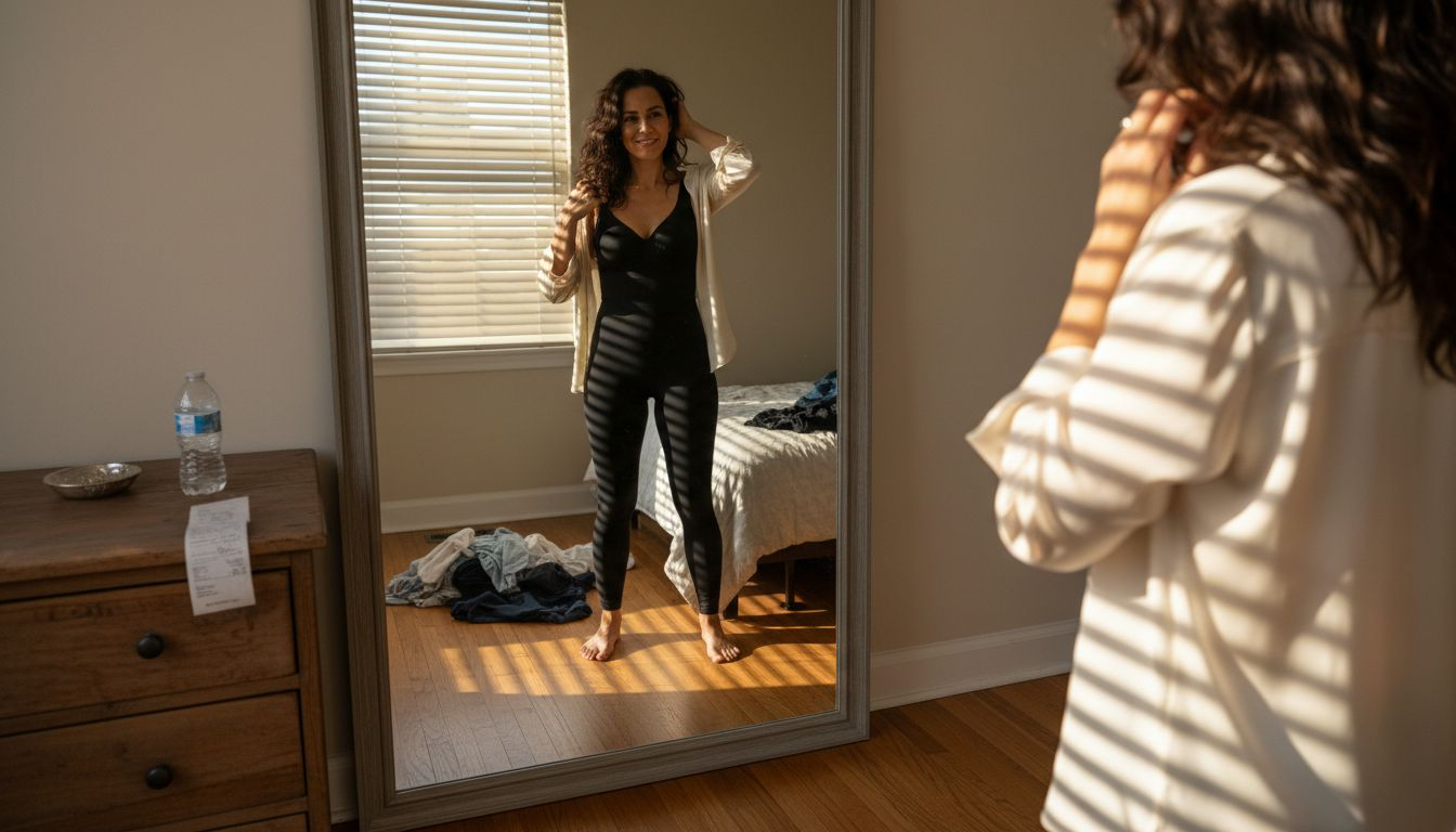 Woman adjusting blouse over shapewear