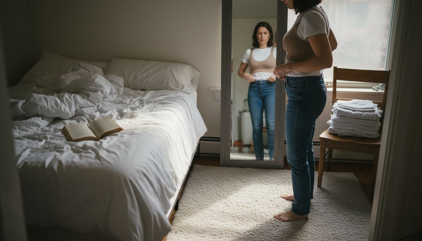 Woman adjusts shapewear in sunlit bedroom