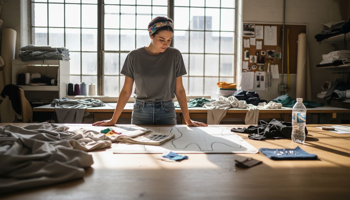 Designer selecting shapewear fabrics in studio