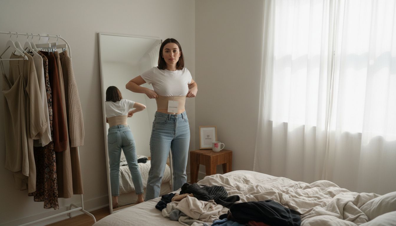 Woman dressing with shapewear in mirror