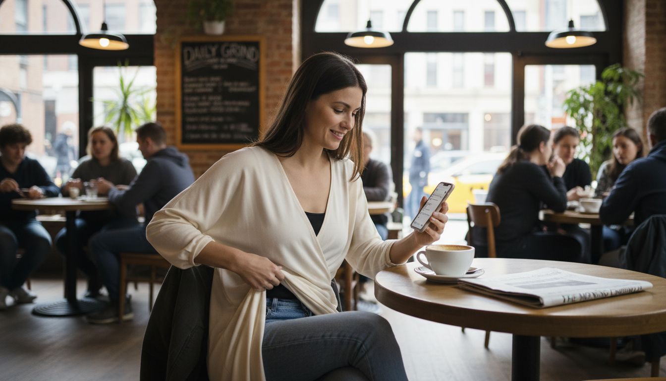 Woman in shapewear at city coffee shop