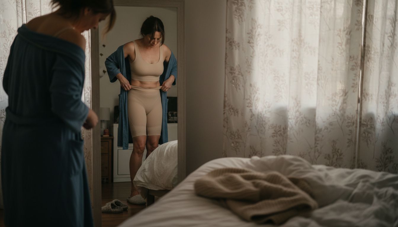 Woman smoothing shapewear in bedroom mirror