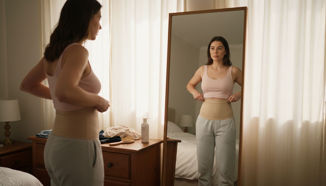 Woman adjusting shapewear in sunlit bedroom
