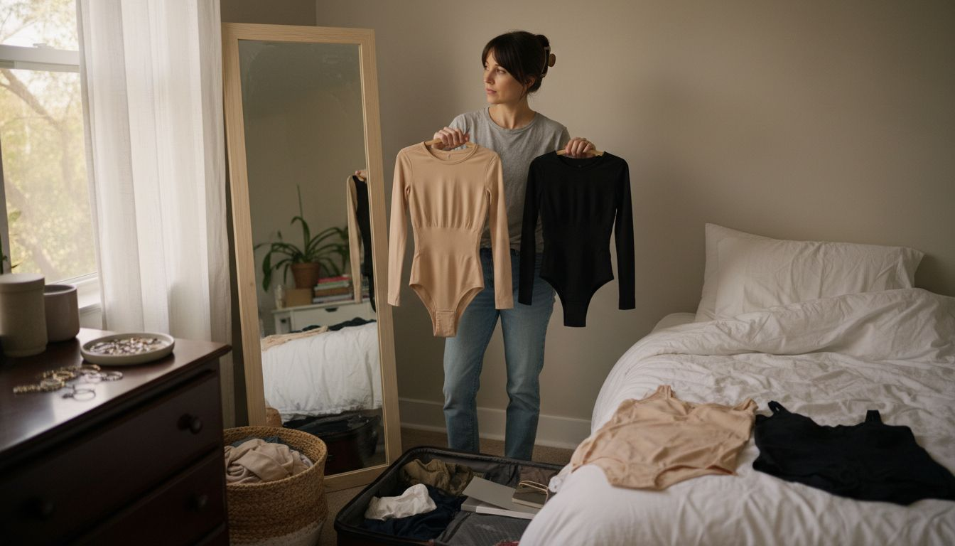 Woman deciding between shapewear styles