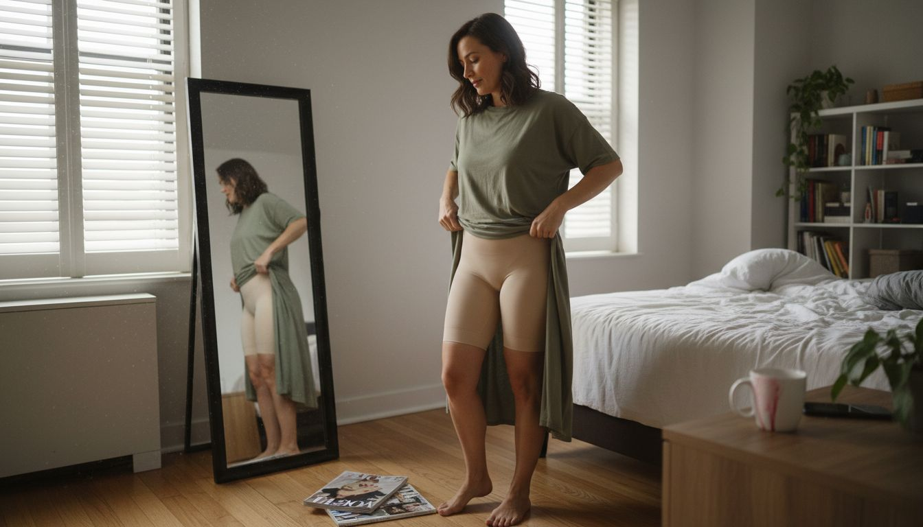 Woman wearing shapewear in bedroom mirror